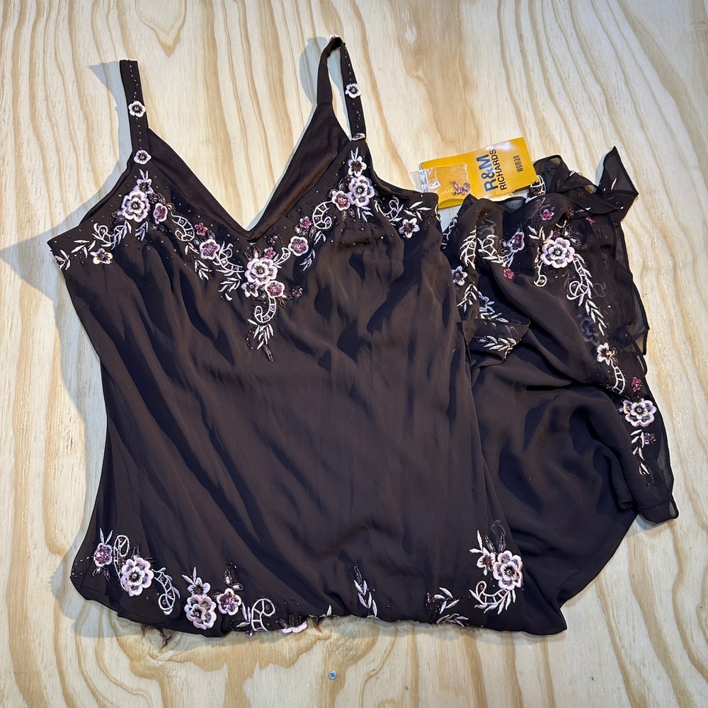 R&M Richards 16W Brown Beaded Floral Handkerchief Hem 2pc Evening Set NWT